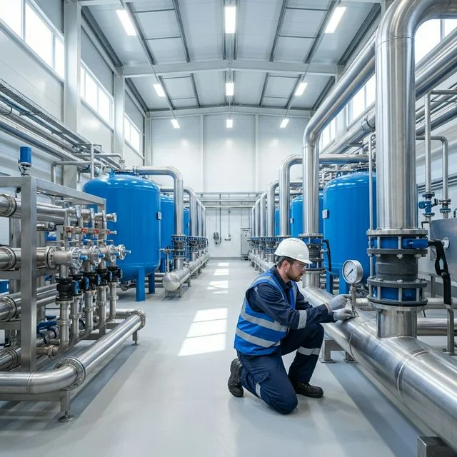 Technician maintaining water treatment plant