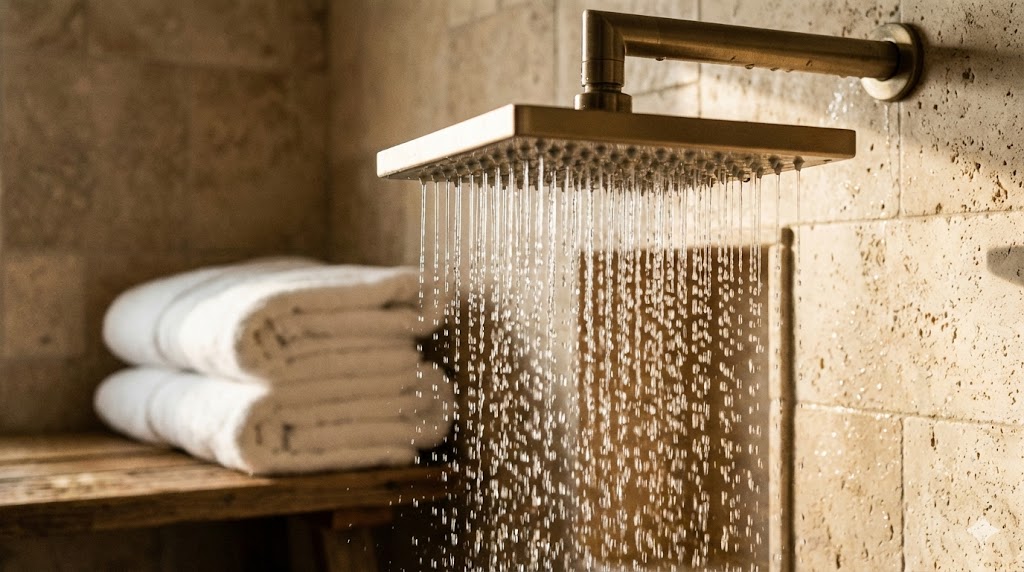 Close-up shower head yang mengalirkan air lunak dan bersih, hasil dari penggunaan filter air jenis softener yang menjaga kenyamanan tamu dan kelembutan handuk villa.