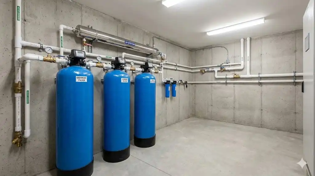 Tampilan sistem instalasi filter air sumur profesional lengkap dengan tabung media dan UV sterilizer sebagai solusi filter air utama untuk mengatasi air tanah yang bermasalah.