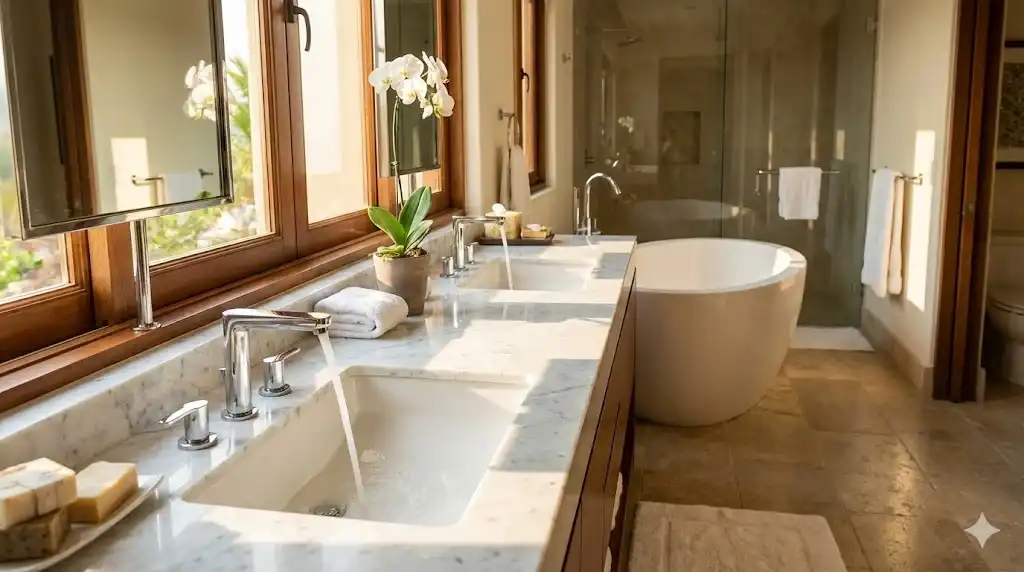 Interior kamar mandi bersih dan bebas kerak kapur, menunjukkan pentingnya pemasangan filter air rumah mewah untuk melindungi aset sanitair mahal dari filter air biasa yang kurang maksimal.