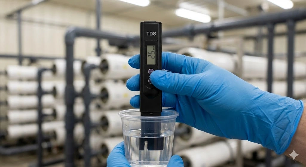 Proses pengecekan kadar TDS air untuk mendeteksi kerusakan pada membran RO (
Reverse Osmosis) yang perlu segera diservice.
