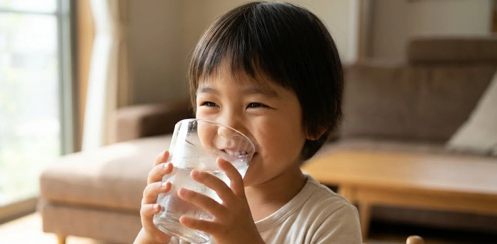 Anak kecil minum air bersih dan aman hasil penyaringan filter air, mencegah risiko penyakit bawaan air.