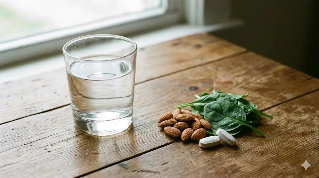 Sebuah gelas berisi air RO murni disandingkan dengan makanan kaya mineral dan suplemen, menggambarkan isu kekurangan mineral pada air hasil reverse osmosis.