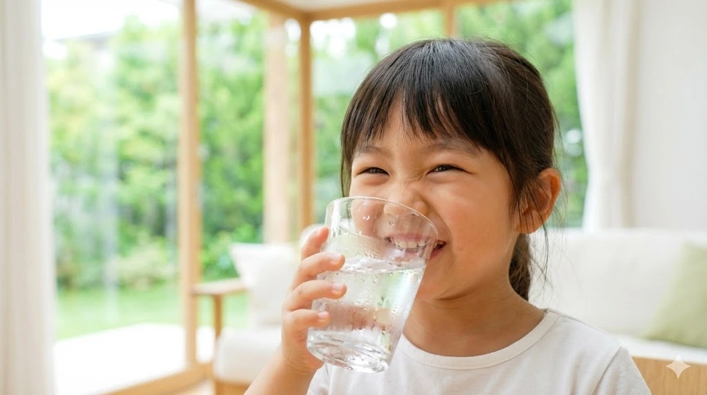 Anak sehat minum air bersih untuk mencegah stunting dan penyakit bawaan air.